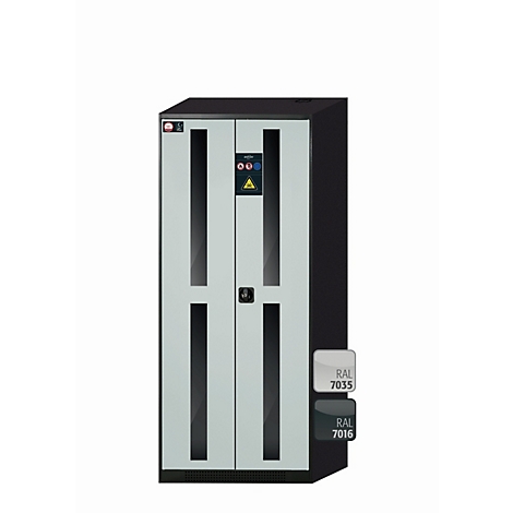 Armoire à double porte grise, cadre et détails noirs. Exemples de couleurs RAL 7035 et 7016.
