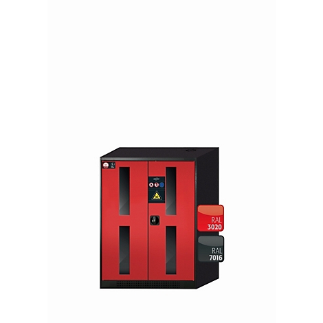 Armoire rouge avec des accents noirs et des exemples de couleurs RAL 3020 et 7016.