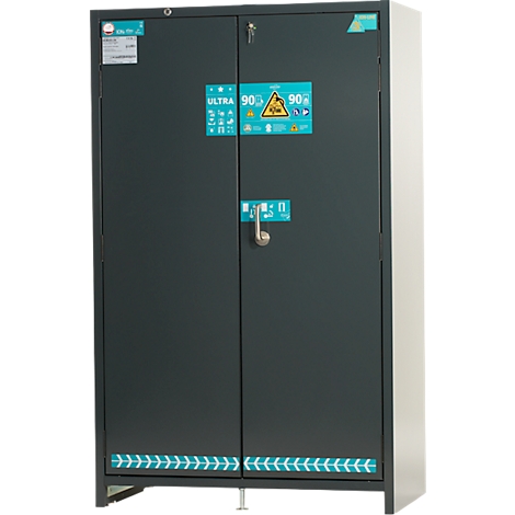 Dunkelgrauer Stahlschrank mit zwei Türen, Aufklebern und Griff. Der Schrank steht auf einem weißen Hintergrund.