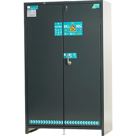 Dunkelgrauer Stahlschrank mit zwei Türen, Aufklebern und Griff. Der Schrank hat blaue Verzierungen und Warnhinweise.