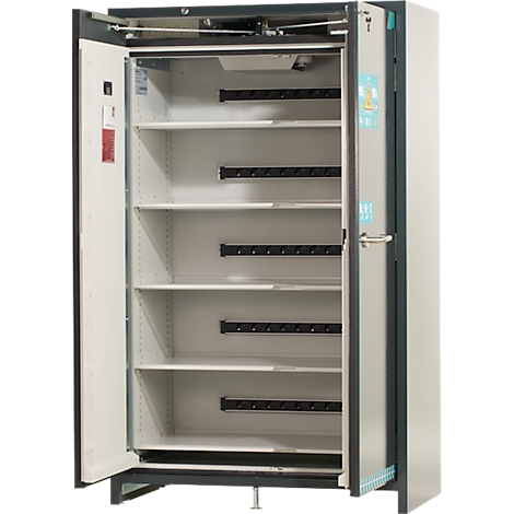 Ein offener, grauer Schrank mit mehreren Einlegeböden und schwarzen Halterungen.