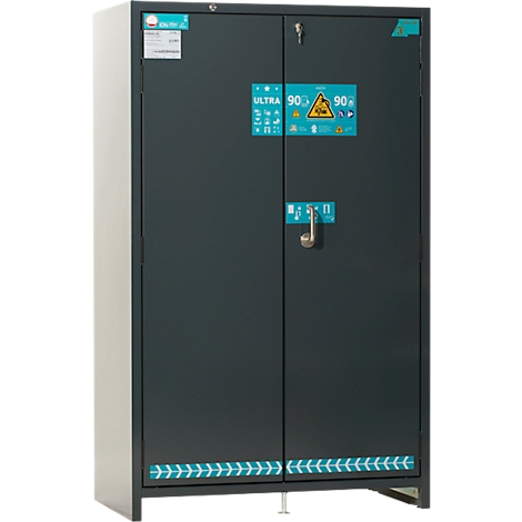 Dunkelgrauer Stahlschrank mit zwei Türen, silberfarbenem Griff und blauen Aufklebern.