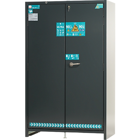 Dunkelgrauer Stahlschrank mit zwei Türen, silberfarbenem Griff und blauen Aufklebern.