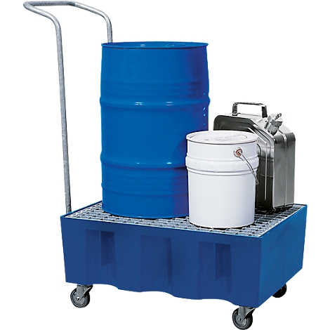 Blue drum truck with blue barrels, a white bucket, and a silver canister.