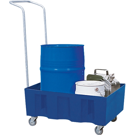Blue cart with drum and containers. Gray handle and wheels.