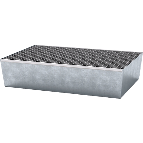 Rectangular gray metal trough with grate cover. Slight angle from the front.