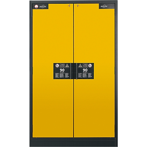 Gele dubbele deur met zwarte vierkanten met het nummer 90 erop.