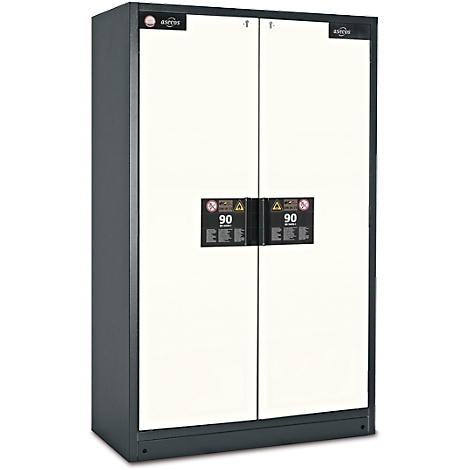 Witte brandwerende kast met twee deuren en zwart frame. De deuren dragen het 90-teken en waarschuwingen.