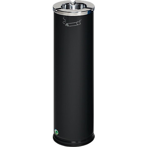 Cylindrical black ashtray. The top edge and upper bezel of the ashtray are metal. It shows a picture of a cigarette.