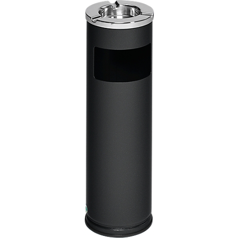 Black, cylindrical ashtray with a metal rim and a rectangular opening.