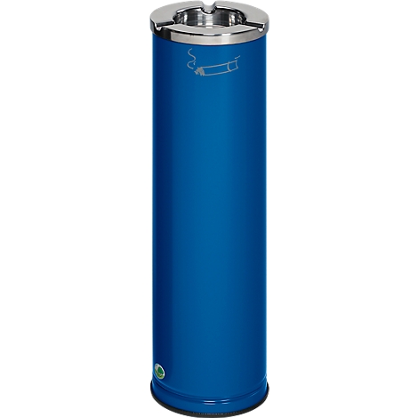Blue and silver cylindrical ashtray. Top with silver resting surface, bottom with small sticker. A cigarette symbol on the side.