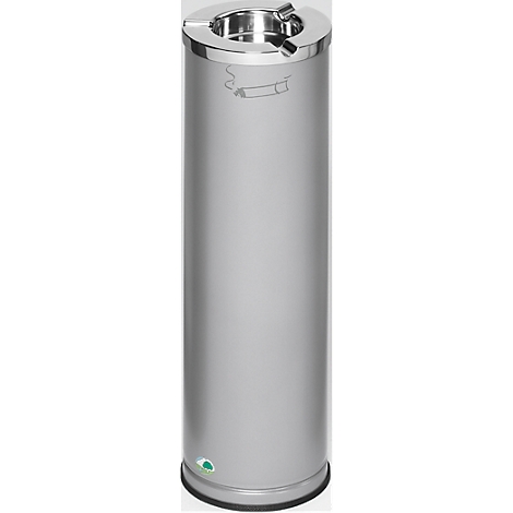 Cylindrical, silver ashtray with insertion slots and large lid.