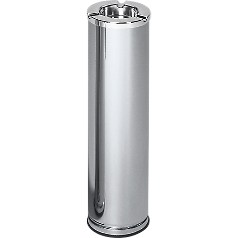 Cylindrical silver ashtray with recesses for cigarettes. Black base.