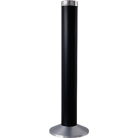 Cylindrical black object with silver ends and a wide, silver base.