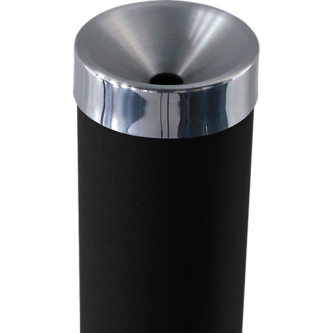 Black, cylindrical ashtray with a stainless steel rim and funnel-shaped opening.