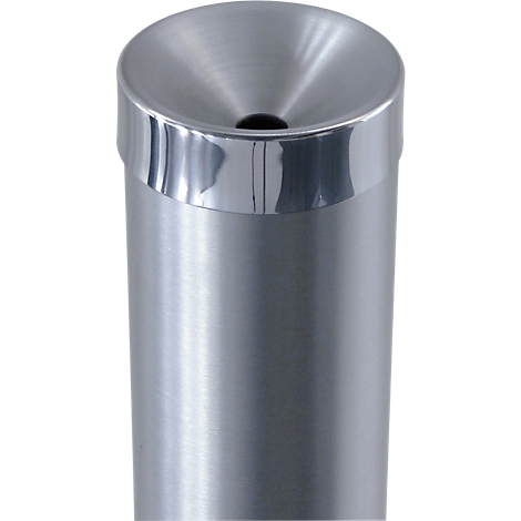 Cylindrical, silver-colored ashtray with funnel-shaped opening.