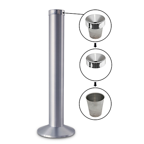 Aluminum post with three detailed views of a metal part. Arrows point to the individual elements.