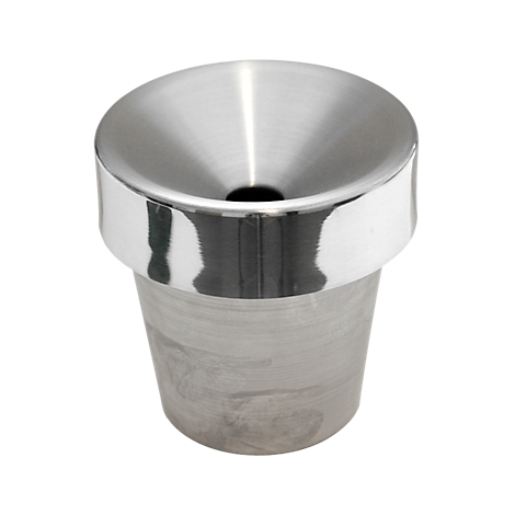 Metal funnel with a shiny surface. Top edge with shiny ring, below it a conical body.