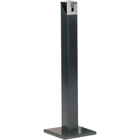 Gray, square ashtray with metal top on a square base.
