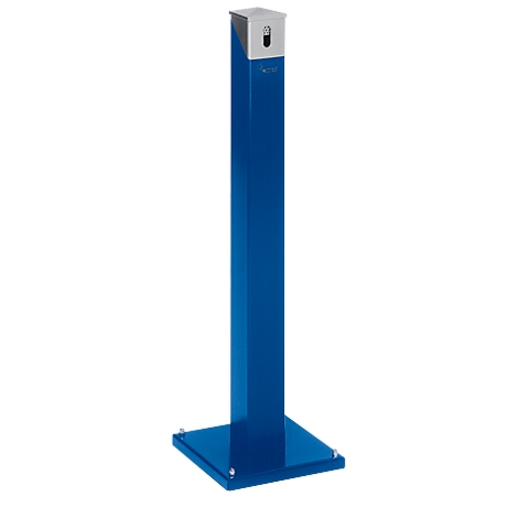 Blue column post with a white head, a square base plate and screws.