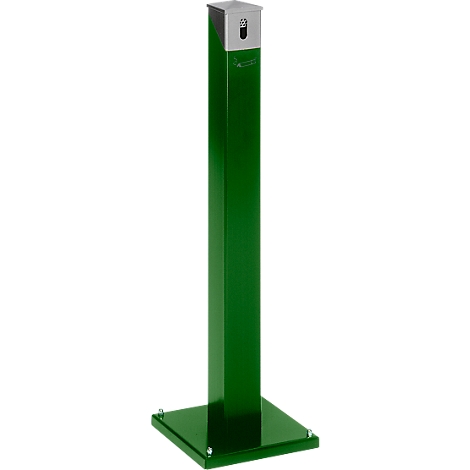 Green waste container with a square base, rectangular post and silver lid.