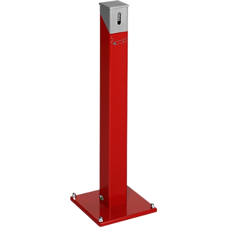 Red, square waste bin, square base, vertical column with pencil symbol. Gray lid.