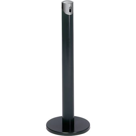 Black standing ashtray with silver top, cylindrical, on a round base.