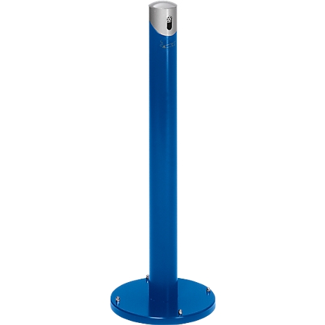 Blue bollard with silver head and round foot.