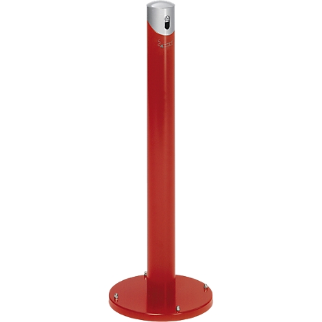 Red waste container with a cylindrical shape and a round base. A small, silver part at the top.