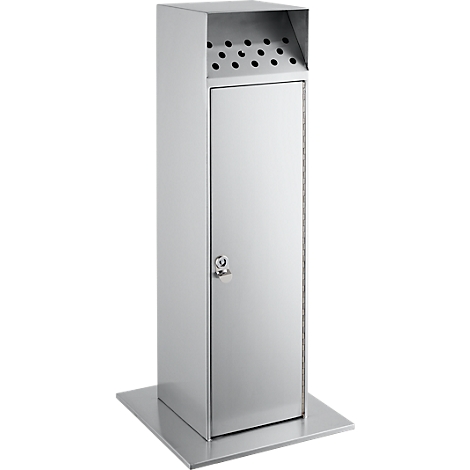 Stainless steel ashtray, door with lock. Holes for cigarettes on top. On a square plate.