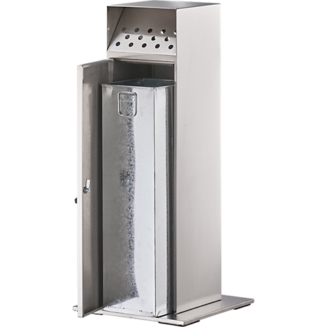 A metal waste container with an open door and a removable bucket.