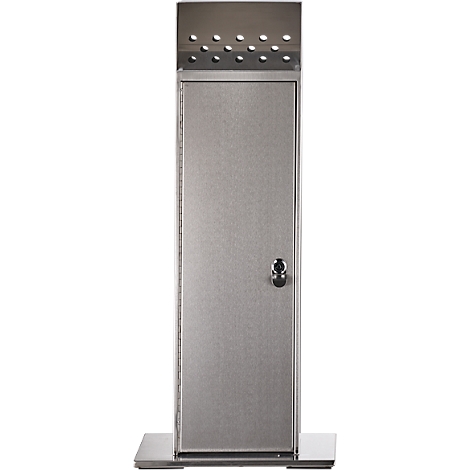 A tall, silver cabinet with a perforated top and a door with a knob.