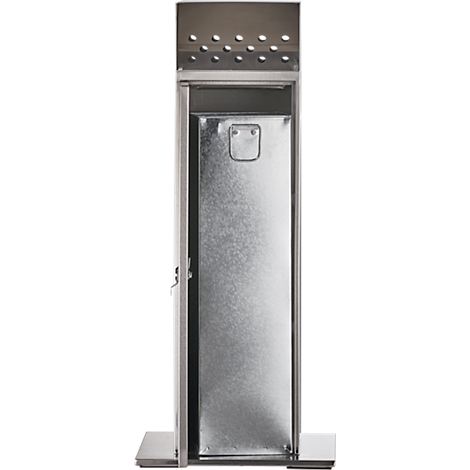 A silver rectangular metal container with rectangular base, holes at the top and door.