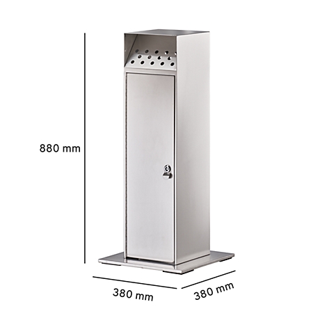Stainless steel ashtray with door, lock, and holes. Height: 880 mm, width: 380 mm.