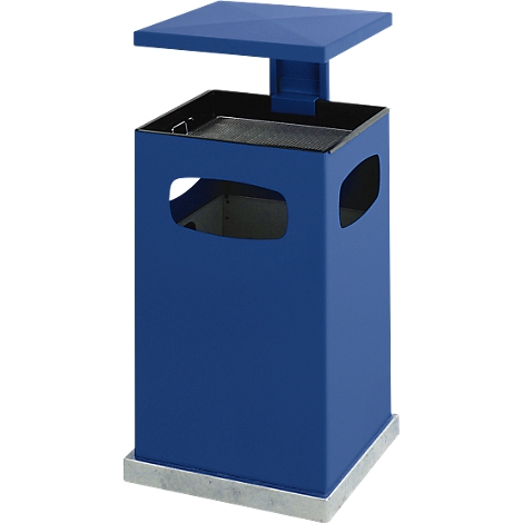 Blue trash can with lid and rectangular openings on the sides. Stands on a gray base.