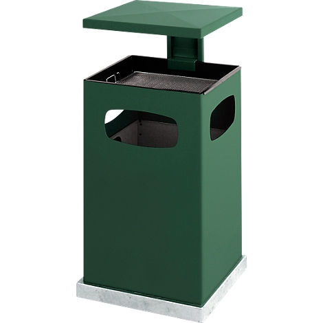 Dark green trash can with square shape and open lid. At the bottom a base made of stone.