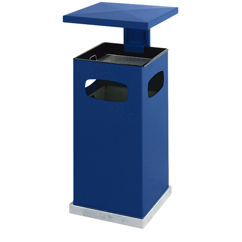 Blue painted trash can with removable lid, standing on a concrete base.