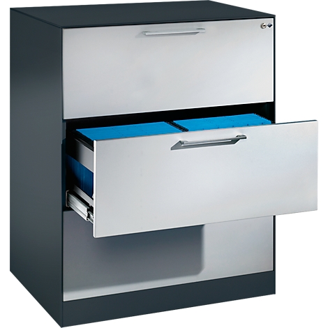 Black filing cabinet with two drawers, one open. Blue folders inside.