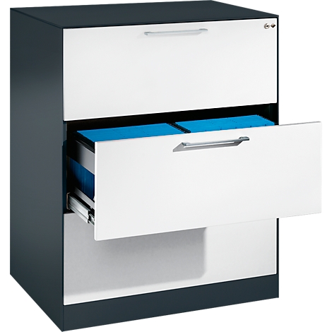 A two-tone filing cabinet, one drawer is open. The drawers are white, the cabinet is dark gray. Blue folders are visible.