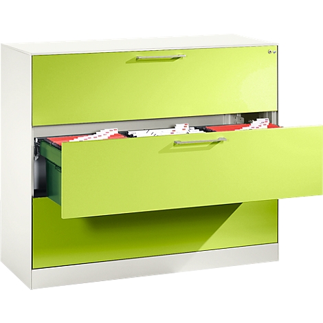 A green filing cabinet with an open drawer filled with files, against a white background.