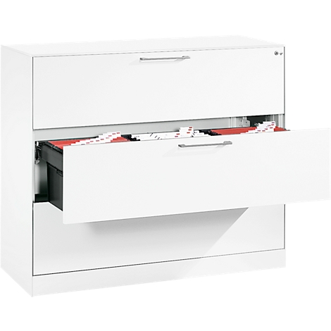 White two-drawer filing cabinet, one drawer open. Inside the open drawer are files.