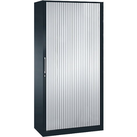 Dark cabinet with tambour doors. There is a narrow handle on the side. The door is closed.