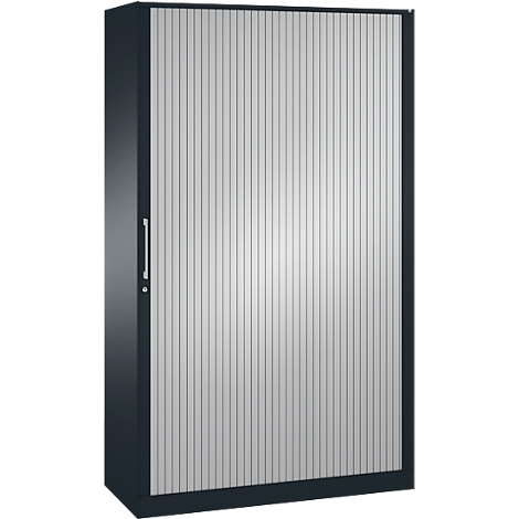 Dark gray cabinet with slatted front, handle and frame. The slats are light gray and vertically aligned.
