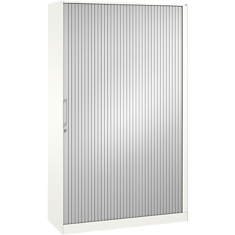 A white cabinet with a slat door. The cabinet has a handle and a lock.