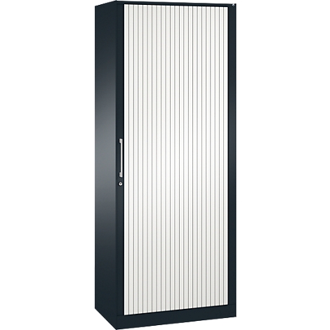 Dark grey cabinet with white slatted door and silver handle.