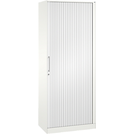 White cabinet with ribbed door and handle.