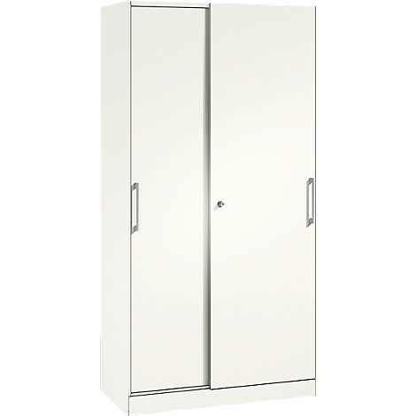 White closet with two sliding doors, silver handles, and a keyhole. Simple, minimalist design.