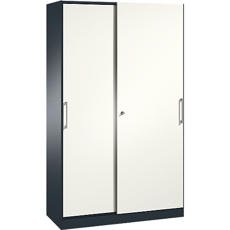 Dark blue cabinet with two cream-colored sliding doors and silver handles. A keyhole is in the middle.