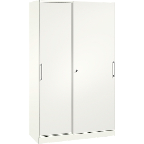 White wardrobe with sliding doors. Handle bars and lock are silver.