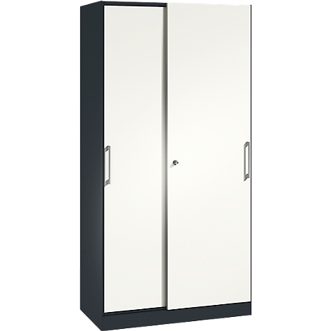 Dark grey cabinet with white doors, handles and a lock.